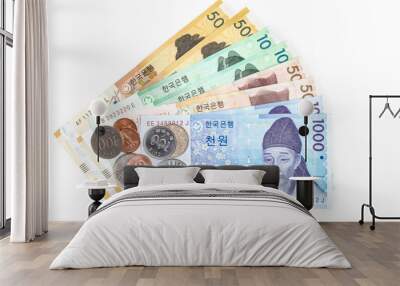 Different value South korean currency bill and coins, save your money concept Wall mural