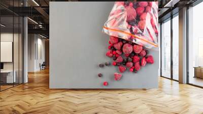 Frozen berries in the plastic bag and on table, raspberry, strawberry, cranberry and black currant, horizontal, copy space, top view Wall mural