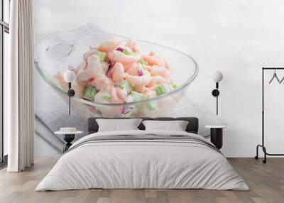 Shrimp, celery and red onion salad in a glass bowl, horizontal,  copy space Wall mural