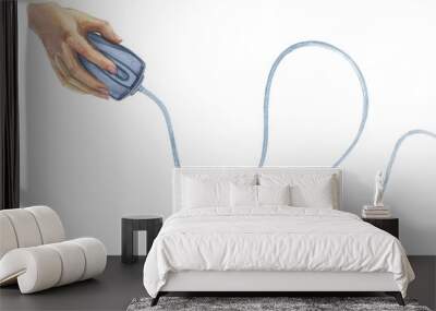 A female hand holds a computer mouse with a long wire. Isolated on white background Wall mural