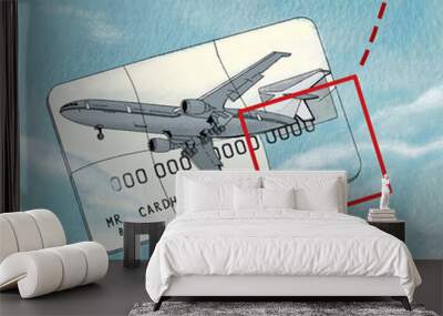 Bonus miles. Bank card with an airplane puzzle. Illustration on watercolor paper texture background Wall mural