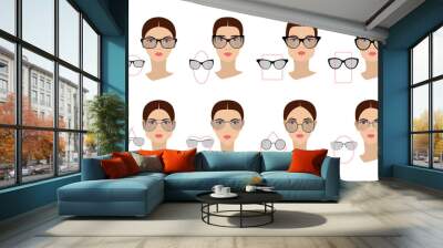 Female glasses shapes in accordance with the shape of the face. Eight Face shapes with options for spectacle frames on a white background. Flat design. Wall mural