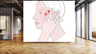 Self ear massage, acupuncture. Female head profile. Vector. Isolated on white background. Wall mural