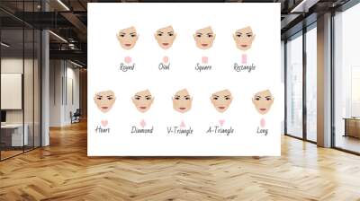 Set of nine different woman's face shapes. Illiustration isolated on a white background Wall mural