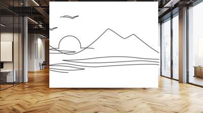 Sunset over the sea. Continuous line drawing illustration. Isolated on white background Wall mural