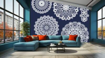 Set of vector lace round ornaments and patterns. Collection of Indian ornamental mandalas. Imitation of needlework design Wall mural