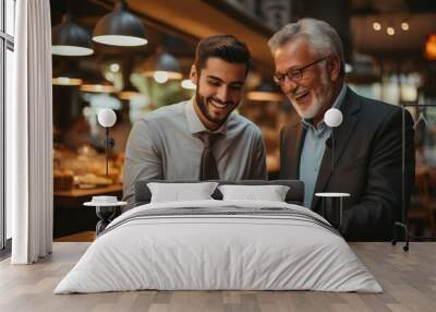 A cheerful elderly gentleman guiding a youthful colleague in the restaurant industry, both sharing smiles. Generative AI Wall mural