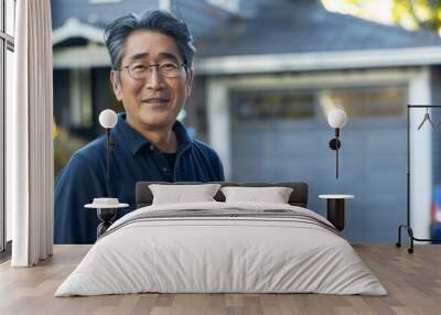 A man with gray hair and glasses wearing a blue shirt standing in front of a house with a garage door. Wall mural