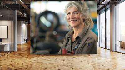 A smiling woman with gray hair wearing a work shirt and suspenders standing in a workshop with various tools and equipment in the background. Wall mural