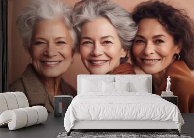 A studio image featuring two happy senior women, elegantly adorned with grey hair and dressed neutrally, with different skin tones. Generative AI Wall mural