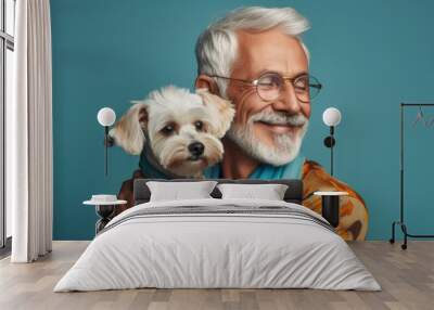 A stylish senior man and his furry friend as they share a loving embrace in the studio. Generative AI Wall mural