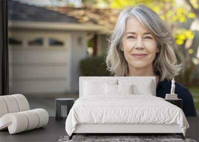 A woman with short gray hair wearing a dark blue shirt standing in front of a house with a white garage door smiling at the camera. Wall mural