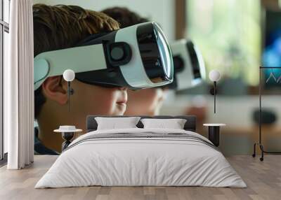 Horizontal shot of two kids experiencing a VR game, showcasing their excitement in a stylish, modern home environment. Wall mural