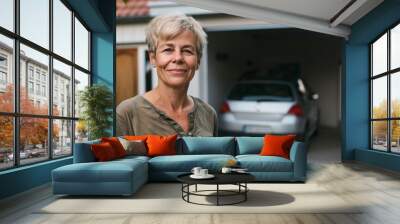 Woman with short blonde hair smiling wearing a gray blouse standing in front of a house with a car in the garage. Wall mural