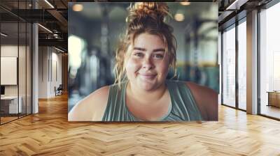 Young woman with a smile wearing a green tank top standing in a gym with exercise equipment in the background. Wall mural