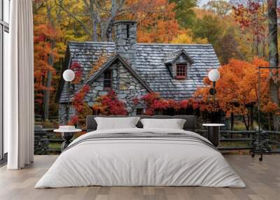 A charming stone cottage nestled amidst vibrant autumn foliage, showcasing the beauty of the changing seasons Wall mural