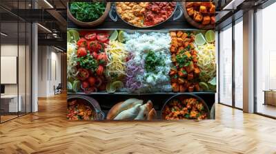 A large, rectangular platter of Uzbek Plov, a traditional rice dish, sits at the center of a spread of various sides and accompaniments Wall mural