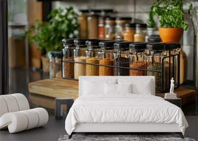 A neatly organized spice rack on a countertop in a cozy kitchen setting Wall mural