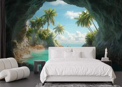 A serene coastal cave reveals turquoise waters and lush palm trees on a sunny day Wall mural