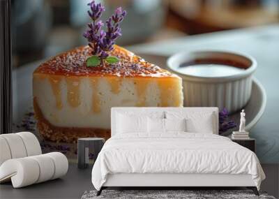 A slice of cheesecake with a caramel drizzle, garnished with fresh lavender and served with a side of syrup Wall mural