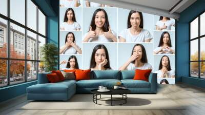 Collage of beautiful girl with different facial expressions Wall mural