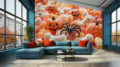 Colorful Halloween candy spread with pumpkins, bones, and spiders in assorted shapes Wall mural