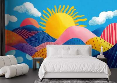 Colorful hills under a bright sun with clouds in a cheerful illustration Wall mural