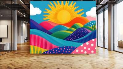 Colorful hills under a bright sun with clouds in a vibrant landscape illustration Wall mural