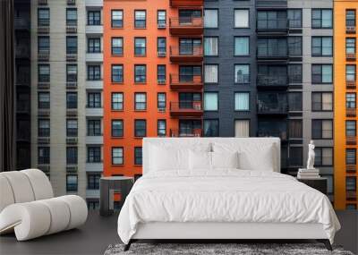 Colorful urban apartment building facade with contrasting hues in a city setting Wall mural