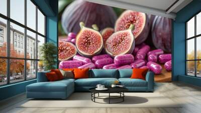 Figs and bright capsules are artfully arranged on a wooden platter for a vibrant display Wall mural