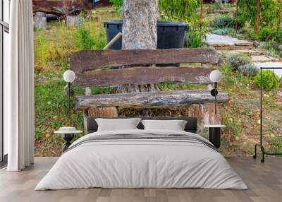 A wooden bench is sitting on a tree stump in a grassy area Wall mural