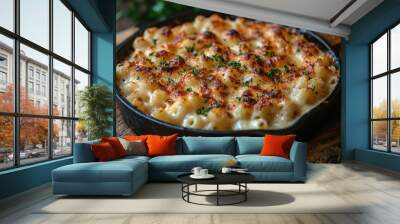 Indulgent macaroni and cheese bake served in a cast-iron skillet beside fresh bread Wall mural