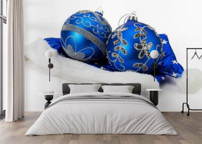 Christmas blue balls on Santa hat isolated on the white backgrou Wall mural