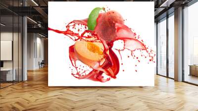 peaches in juice splash isolated on a white background Wall mural