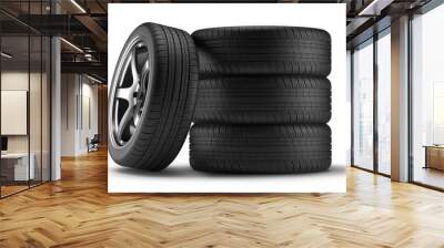 set of car tires and wheels isolated on a white background. 3d rendering Wall mural