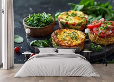 Mini quiches topped with fresh tomatoes and spinach served on a sleek black plate Wall mural