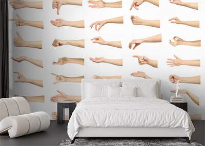 Multiple images set of female caucasian hand gestures isolated Wall mural