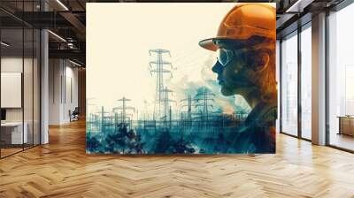 Profile illustration of a female engineer wearing a hard hat and safety glasses, standing in front of power lines and a substation Wall mural