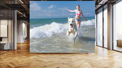 happy girl playing with a dog on the beach Wall mural