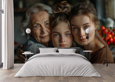 Three young girls hugging an old woman in a kitchen Wall mural