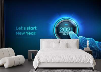 2021 start. Finger about to press a button with the text 2021 start. Happy new year. New Year two thousand and twenty one is coming concept. Vector illustration. Wall mural