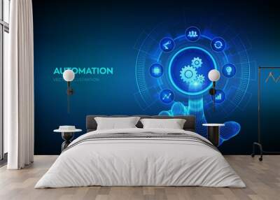 Automation Software. IOT and Automation concept as an innovation, improving productivity in technology and business processes. Wireframe hand touching digital interface. Vector illustration. Wall mural