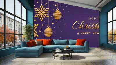 Christmas purple background with hanging shining golden snowflakes and balls. Merry christmas greeting card. Holiday Xmas and New Year poster, web banner. Vector Illustration. Wall mural