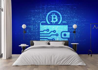 Crypto Wallet icon with Bitcoin made with binary code. Digital Cryptocurrency wallet. Mobile banking, online finance, blockchain banner. Binary code background with digits 1.0. Vector Illustration. Wall mural