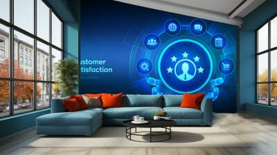 Customer satisfaction icon in wireframe hands. Customer survey, feedback analytics concept on virutal screen. Using AI and automation technology in marketing for customer service. Vector illustration. Wall mural