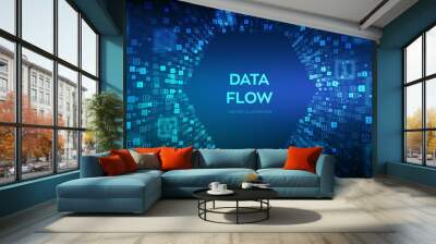 Data Flow. Binary data flow tunnel. Virtual tunnel warp. Coding, programming or hacking concept. Abstract futuristic cyberspace. Big data. Digital code with digits 1.0. Vector Illustration. Wall mural