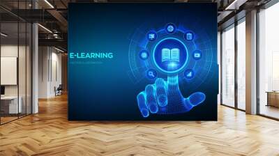 E-learning. Innovative online education and internet technology concept. Webinar, teaching, online training courses. Skill development. Wireframe hand touching digital interface. Vector illustration. Wall mural