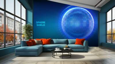 Glass transparent protection sphere shield. Sphere shield with hexagon pattern on blue background. Bubble shield in the form of a force energy field. Protection and safety concept. Vector illustration Wall mural