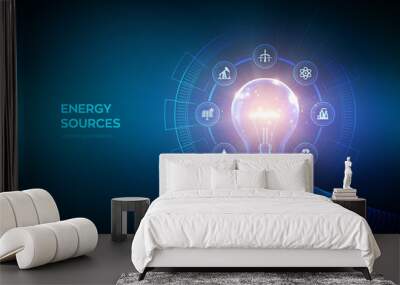 Glowing light bulb with energy resources icons in hand. Electricity and energy saving concept. Energy sources. Campaigning for ecological friendly and sustainable environment. Vector illustration. Wall mural