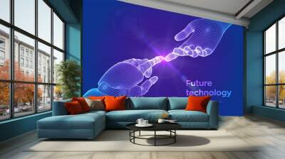 Hands of Robot and Human Touching. Cyborg finger about to touch human finger. Symbol of connection between people and artificial intelligence. Science, future technology. Vector Illustration. Wall mural